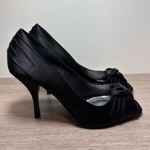BCBGirls Black Satin Peep Toe Heels | Size 9W
